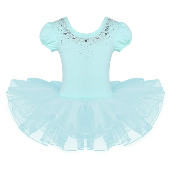 vastwit Kids Girls Short Bubble Sleeves Sparkly Round Neck Rhinestone Swan Lake Tutu Dance Dress Mint Green 4T