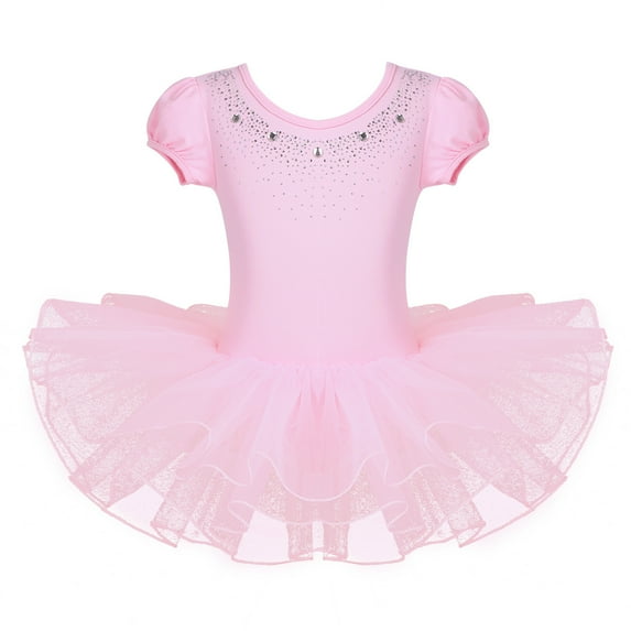 vastwit Kids Girls Short Bubble Sleeves Sparkly Round Neck Rhinestone Swan Lake Tutu Dance Dress Pink 5