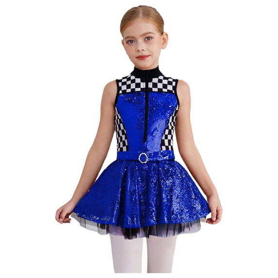 vastwit Kids Girls Sleeveless Checkerboard Sequins Tutu Dress Figure Ice Skating Performance Dance Party Wear Royal Blue 4