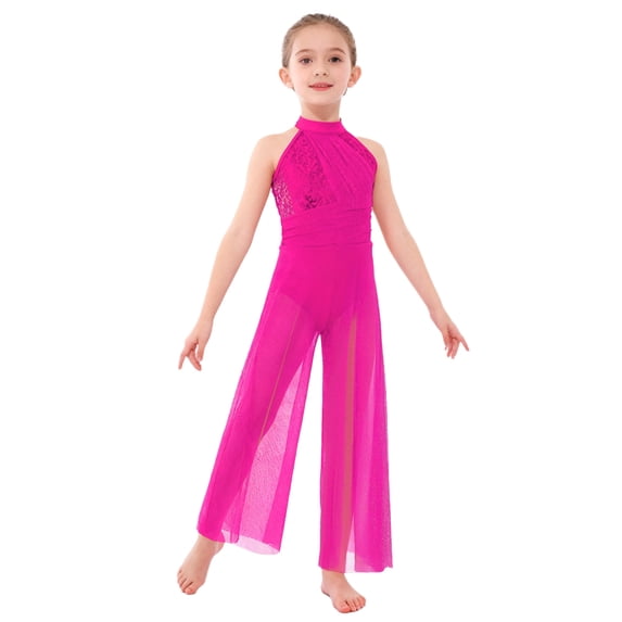 vastwit Kids Girls Sleeveless Wide Leg Pants Jumpsuit Gymnastic Leotard Dress Ballet Contemporary Lyrical Dance Wear Hot Pink 8