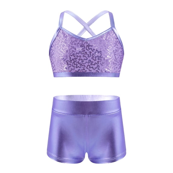 vastwit Kids Girls Sport Outfits Cross Back Gymnastics Dance Crop Top With Booty Shorts Tankini Swimwear Light Purple 5-6