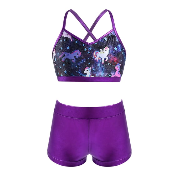 vastwit Kids Girls Sport Outfits Cross Back Gymnastics Dance Crop Top With Booty Shorts Tankini Swimwear Pegasus Black 5-6