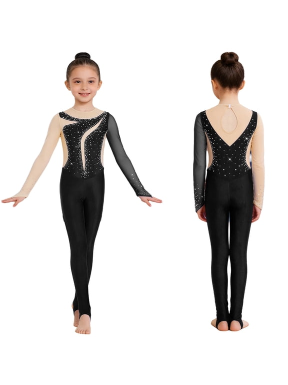Kids Girls Stirrup Unitard Gymnastics Leotard Long Sleeve Athletic Tumbling Bodysuit Dancewear Black 12