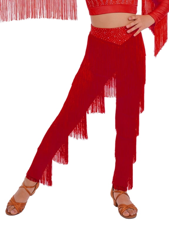 Kids Girls Tassel Latin Dance Pants Professional Ballroom Rumba Samba Tiered Fringe Performance Trousers Burgundy 8