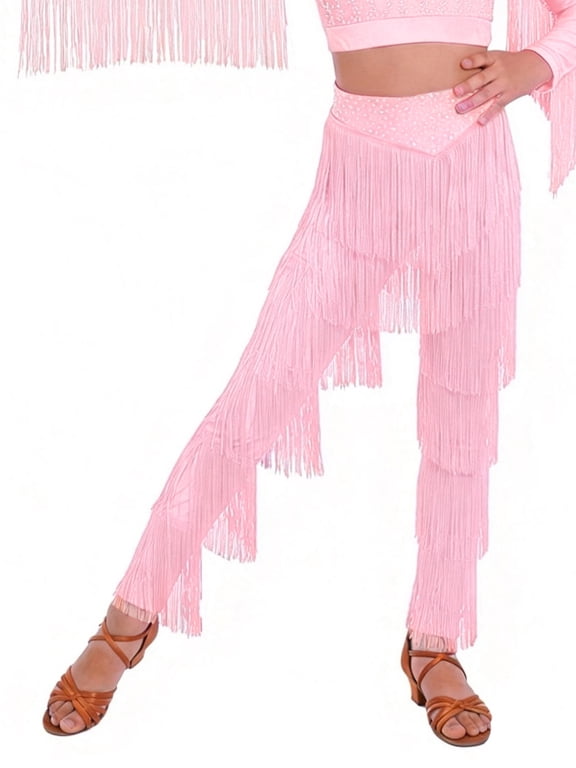 Kids Girls Tassel Latin Dance Pants Professional Ballroom Rumba Samba Tiered Fringe Performance Trousers Pink 16