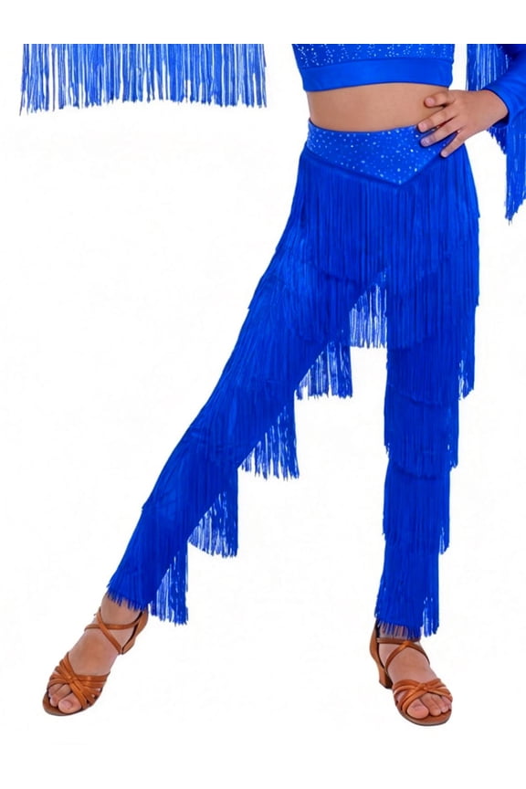 Kids Girls Tassel Latin Dance Pants Professional Ballroom Rumba Samba Tiered Fringe Performance Trousers Royal Blue 6