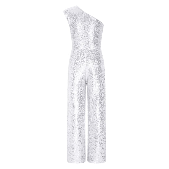vastwit Kids Girls Wide Leg Jumpsuit Sequin Sleeveless One Shoulder High Waist Party Romper Playsuit Silver 14