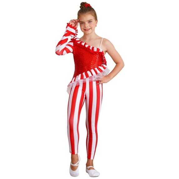 vastwit Kids Girls Xmas Candy Cane Leotard Christmas Mrs Santa Claus Dance Performance Jumpsuit Red 10