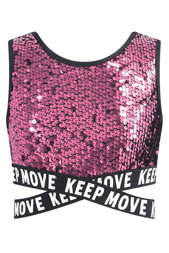 Kids Jazz Dance Vest Child Shiny Sequins Sleeveless Crop Top Girls Hip Hop Street Dancewear Pink 6