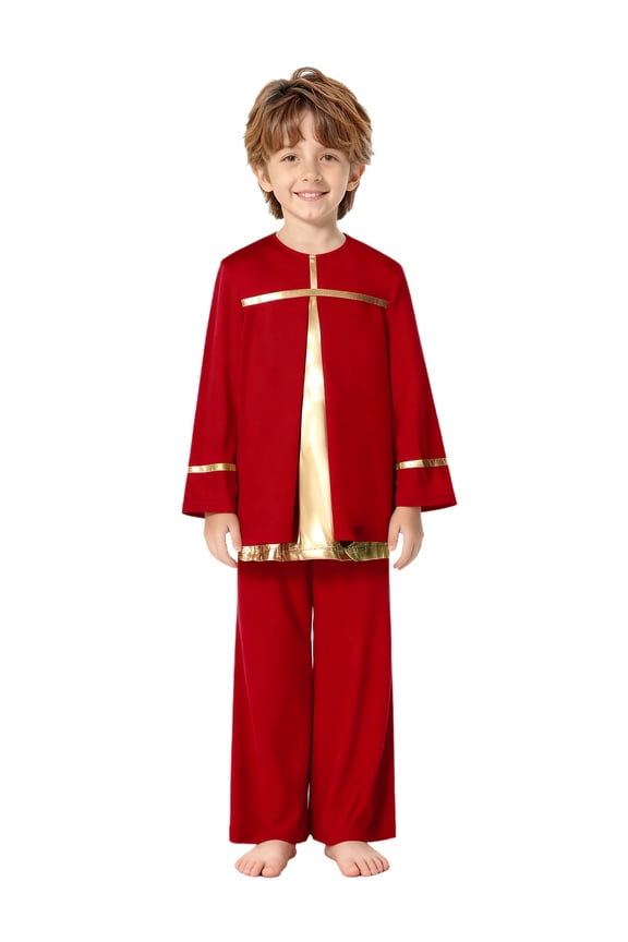 Kids Liturgical Praise Dance Outfit Long Sleeve Metallic Pullover Top with Wide Leg Pants Worship Dancewear Red 12