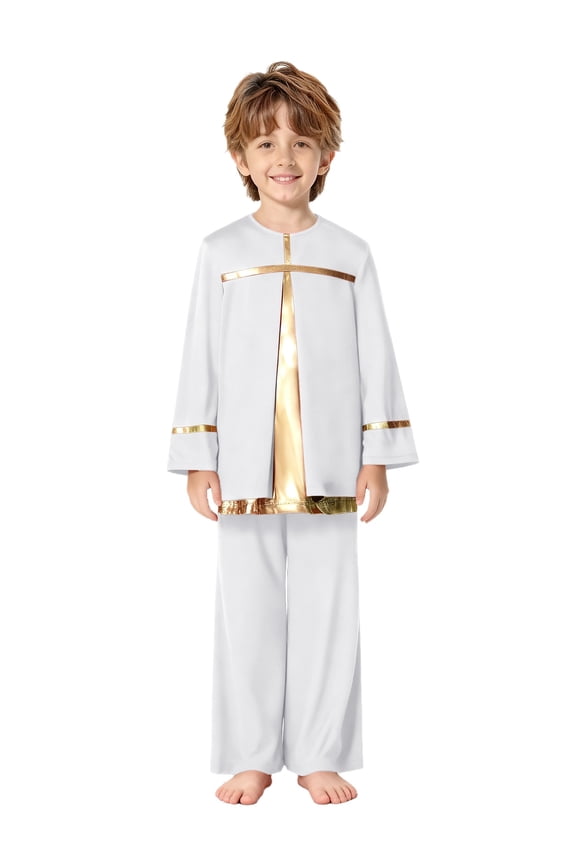 Kids Liturgical Praise Dance Outfit Long Sleeve Metallic Pullover Top with Wide Leg Pants Worship Dancewear White 6