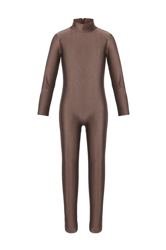 Kids Long Sleeve Gymnastic Dance Unitard Leotard Girls Full Length Back Zipper Bodysuit Activewear Brown 13-14