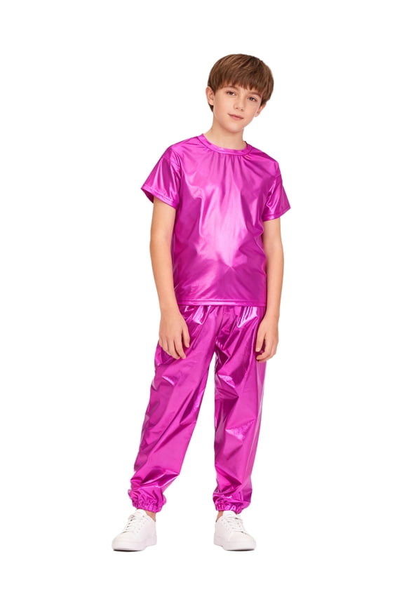 Kids Metallic Disco Jazz Hip Hop Dance Outfit Short Sleeve Tops with Jogger Pants Dancewear Hot Pink 130