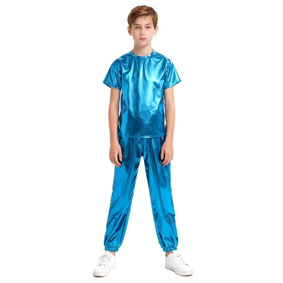vastwit Kids Metallic Disco Jazz Hip Hop Dance Outfit Short Sleeve Tops with Jogger Pants Dancewear Light Blue 150