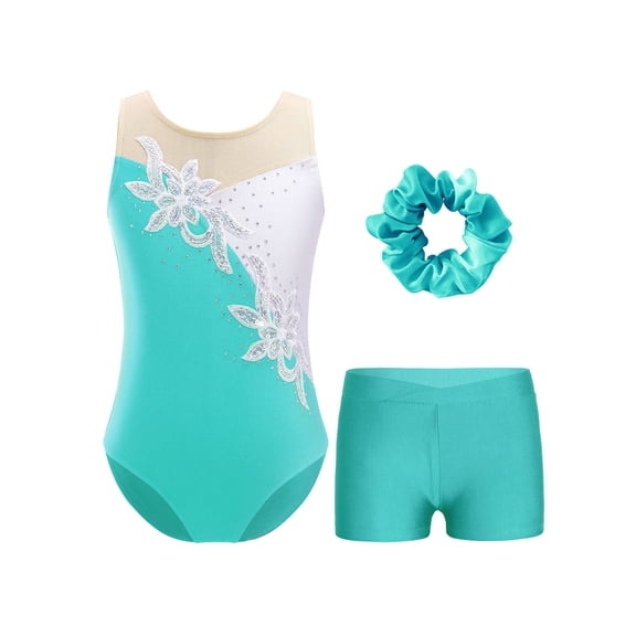 vastwit Leotards for Girls Gymnastics Bodysuit with Shorts Tracksuit Sparkle Flowers Ballet Dance Unitard Blue Green 16