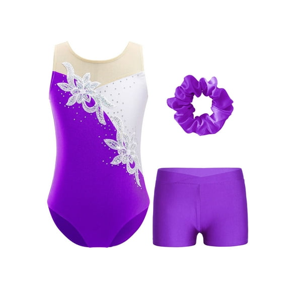 vastwit Leotards for Girls Gymnastics Bodysuit with Shorts Tracksuit Sparkle Flowers Ballet Dance Unitard Purple 6