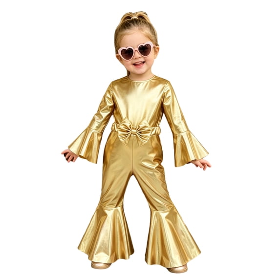 vastwit Little Girls Shiny Metallic Flare Jumpsuit Disco Themed 70s Birthday Party Outfit Gold 5T