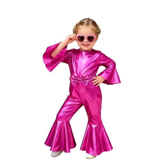 vastwit Little Girls Shiny Metallic Flare Jumpsuit Disco Themed 70s Birthday Party Outfit Hot Pink 5T