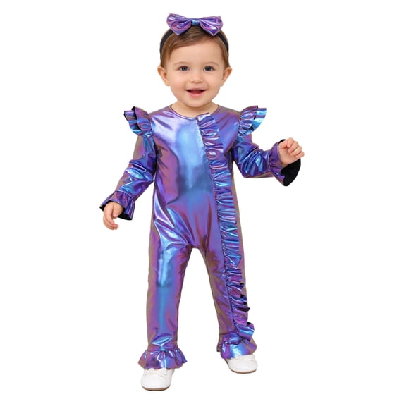 vastwit Little Girls Shiny Metallic Overalls Romper Ruffled Bodysuit Sparkly Birthday Party Dress-up Blue 18-24M