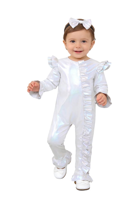 Little Girls Shiny Metallic Overalls Romper Ruffled Bodysuit Sparkly Birthday Party Dress-up Ivory 3-6M