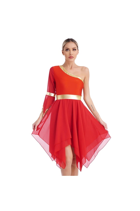 Lyrical Liturgical Dance Overlays for Women Praise Tunic Dance Dress Asymmetrical Church Red M
