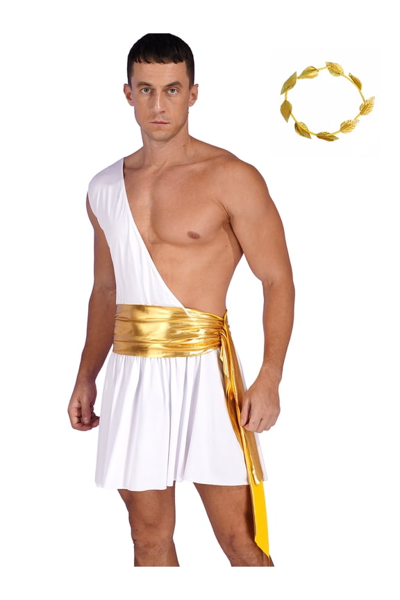 Men Ancient Greek God Toga with Headwear Roman Caesar Fancy Dress Outfits White M