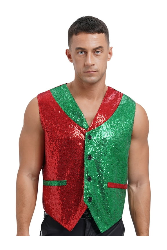 Men Full Sequins Paillette Waistcoat Christmas Santa Elf Vest Party Outfits Red&Green XXL