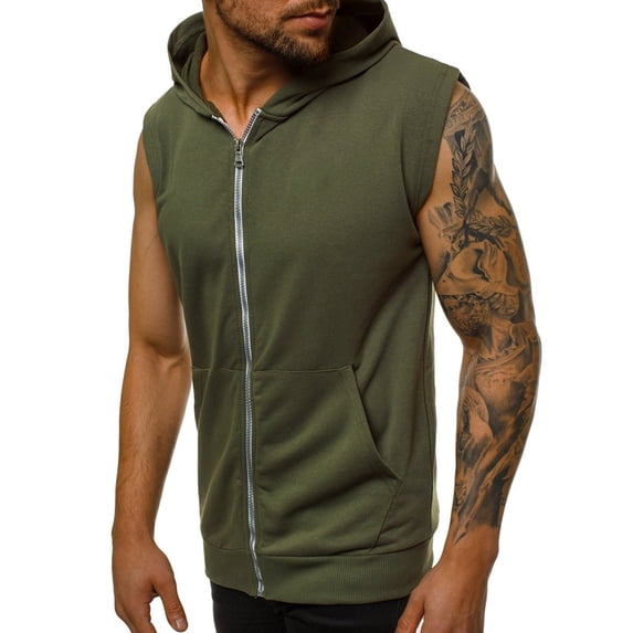 vastwit Men's Athletic Hoodies Zip Up Gym T-Shirt Bodybuilding Sleeveless Muscles Tees Workout Hooded Army Green 3XL
