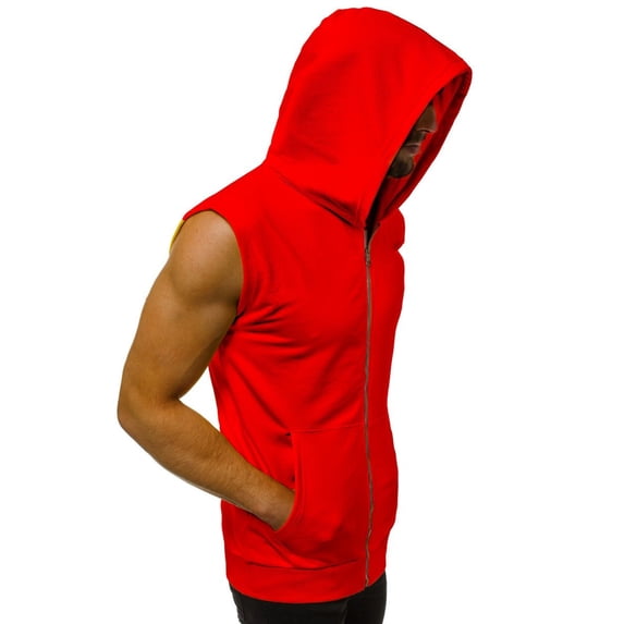 vastwit Men's Athletic Hoodies Zip Up Gym T-Shirt Bodybuilding Sleeveless Muscles Tees Workout Hooded Red L