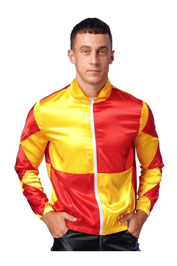 Men's Horse Trainer Jackets Retro Colorblocked Satin Track Jacket Yellow&Red XL