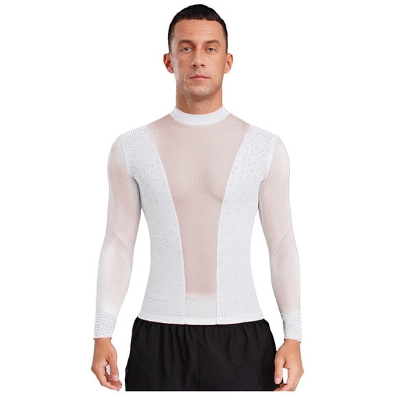 vastwit Men's Latin Dance Shirt Sheer Mesh Rhinestone Long Sleeve Blouse Top for Ballet Cha-cha Tango Ballroom Stage White M