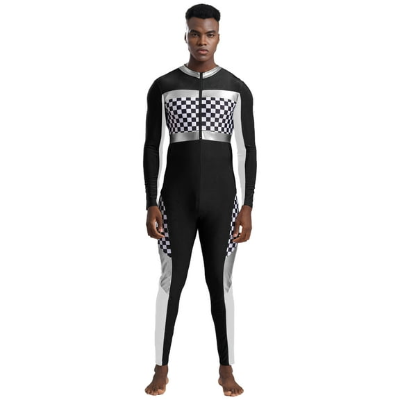 vastwit Men's Race Car Driver Jumpsuit Checkerboard Plaid Long Sleeve Bodysuit Rompers Black XXL