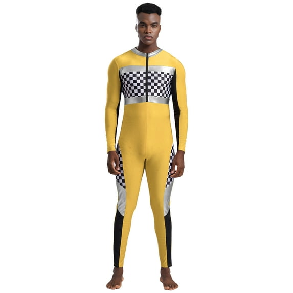 vastwit Men's Race Car Driver Jumpsuit Checkerboard Plaid Long Sleeve Bodysuit Rompers Yellow XL