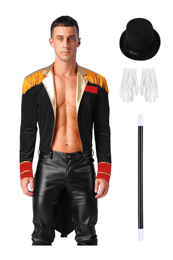 Men's Ringmaster Outfits Long Sleeve Open Front Velvet Tailcoat Magician Jacket Black XXL