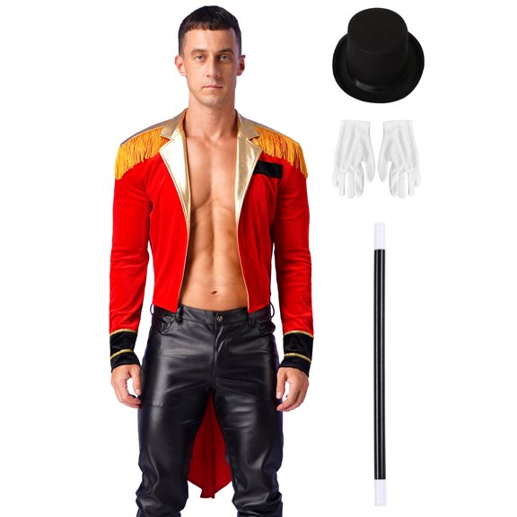 vastwit Men's Ringmaster Outfits Long Sleeve Open Front Velvet Tailcoat Magician Jacket Red 3XL