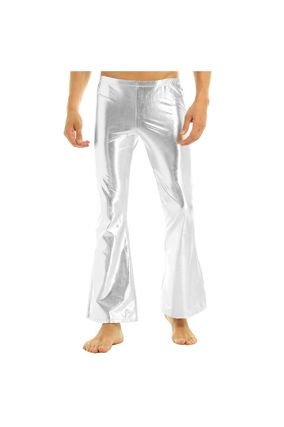 Men's Shiny Metallic Bell Bottom Flares Trousers 70s Disco Dance Vintage Long Pants Silver M