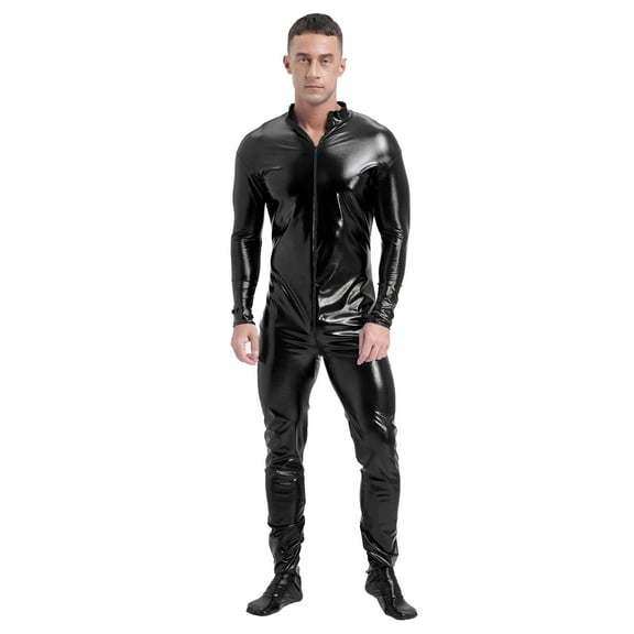 vastwit Men's Shiny Metallic Front Zipper Unitard Mock Neck Long Sleeve Full-body Jumpsuit Black M