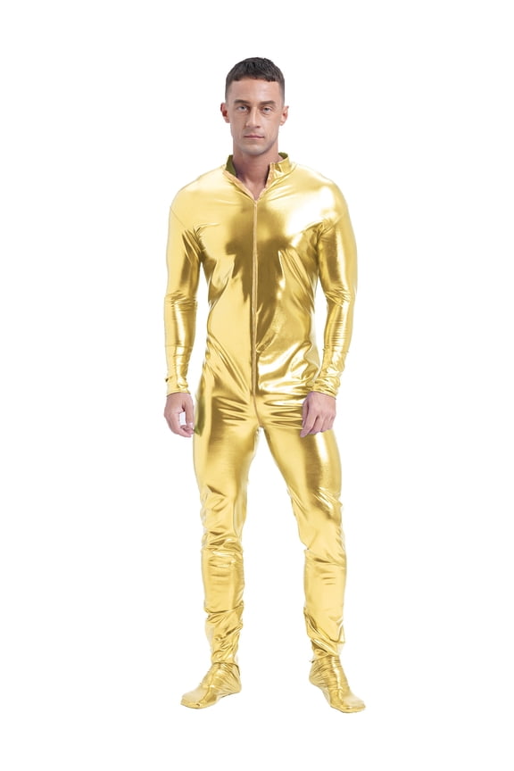 Men's Shiny Metallic Front Zipper Unitard Mock Neck Long Sleeve Full-body Jumpsuit Gold 3XL