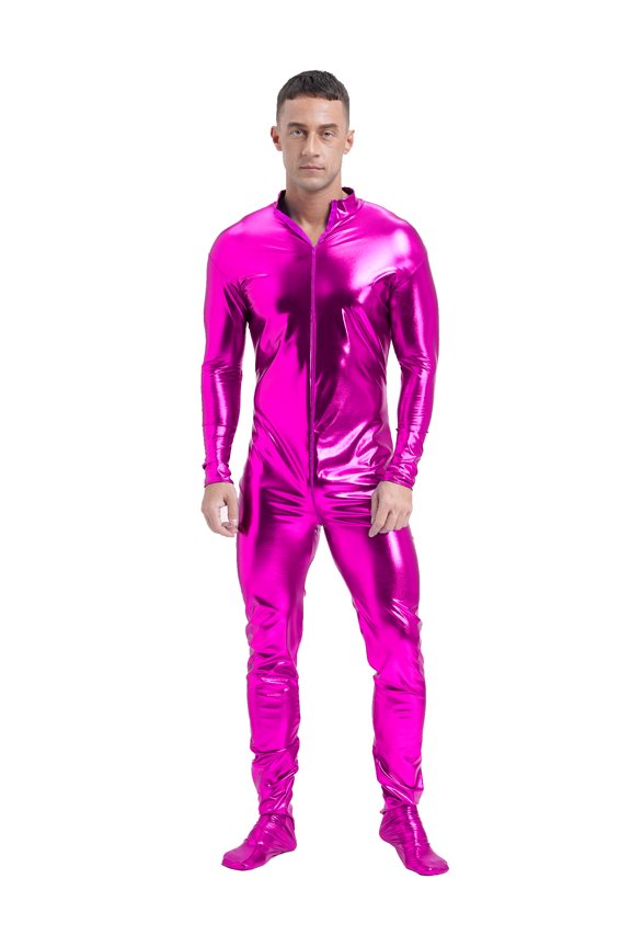 Men's Shiny Metallic Front Zipper Unitard Mock Neck Long Sleeve Full-body Jumpsuit Hot Pink M
