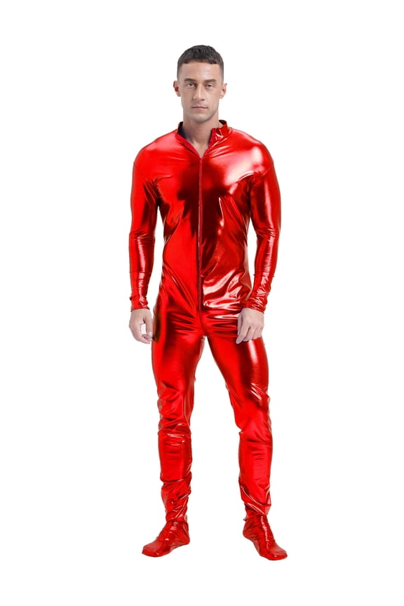 Men's Shiny Metallic Front Zipper Unitard Mock Neck Long Sleeve Full-body Jumpsuit Red M