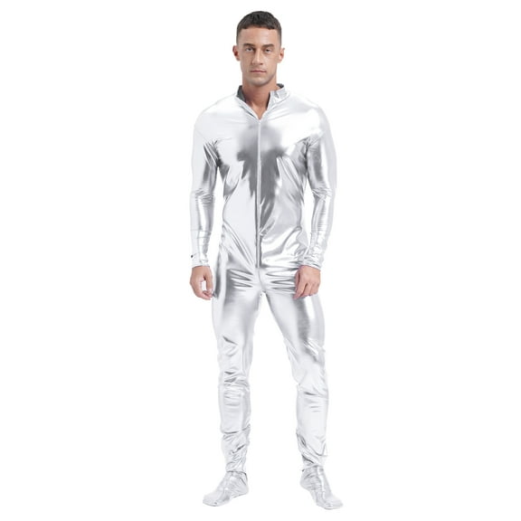 vastwit Men's Shiny Metallic Front Zipper Unitard Mock Neck Long Sleeve Full-body Jumpsuit Silver XL