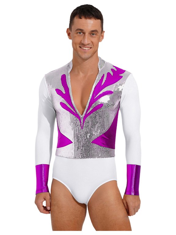 Men's V-Neck Shiny Sequins Dance Shirts Figure Skating Bodysuit Leotard for Ballroom Latin Tango Dance Purple XL