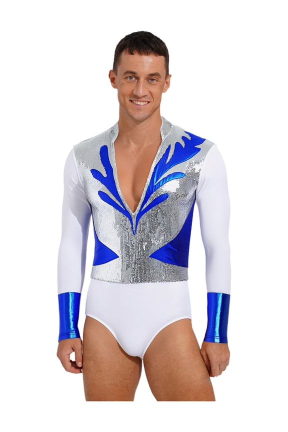 Men's V-Neck Shiny Sequins Dance Shirts Figure Skating Bodysuit Leotard for Ballroom Latin Tango Dance Royal Blue L