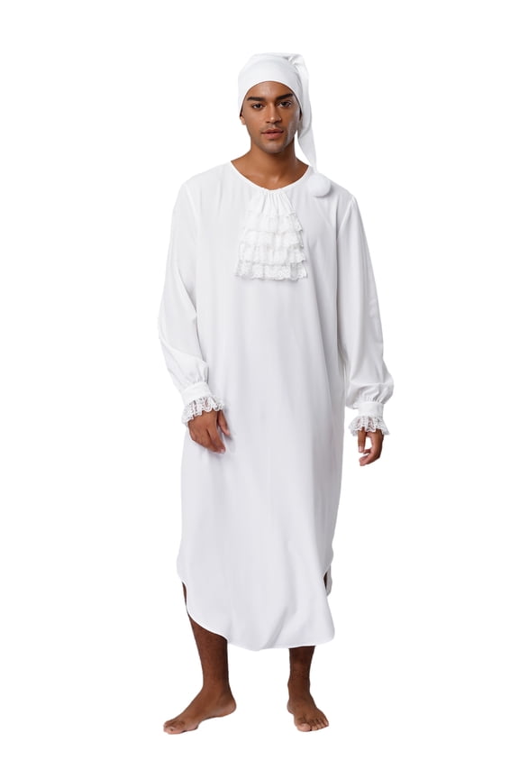 Men's Victorian Style Nightgown Soft Loose Sleep Robe with Night Cap Pajama Set Sleepwear Ivory 3XL