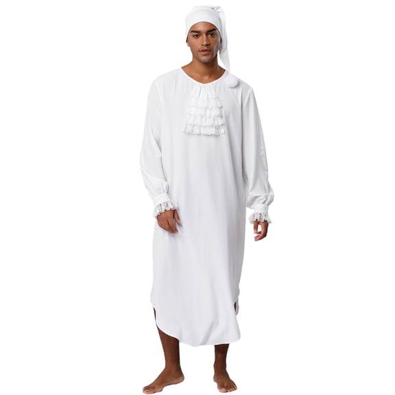 vastwit Men's Victorian Style Nightgown Soft Loose Sleep Robe with Night Cap Pajama Set Sleepwear Ivory L