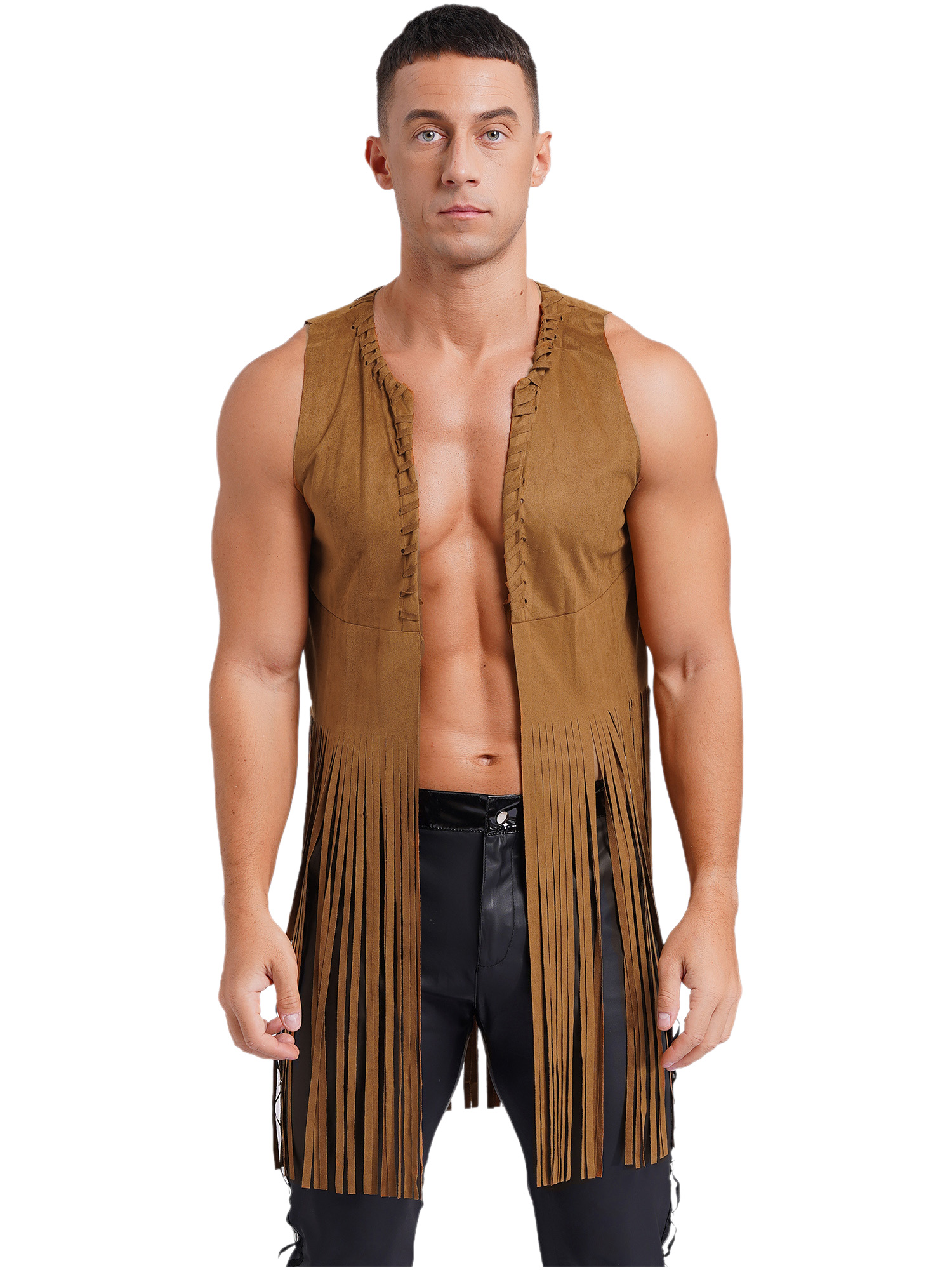 Men's 60s 70s Retro Hippie Fringe Vest Costume - Brown Polyester, Peace Theme, One Size Regular