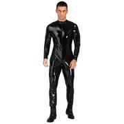 vastwit Men's Wet Look Long Sleeves Catsuit Bodysuits Zipper Full Body Jumpsuit Clubwear Black 3XL