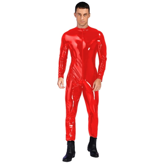 vastwit Men's Wet Look Long Sleeves Catsuit Bodysuits Zipper Full Body Jumpsuit Clubwear Red 4XL