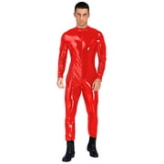 vastwit Mens Wet Look Long Sleeves Catsuit Bodysuits Zipper Full Body Jumpsuit Clubwear Red 4XL