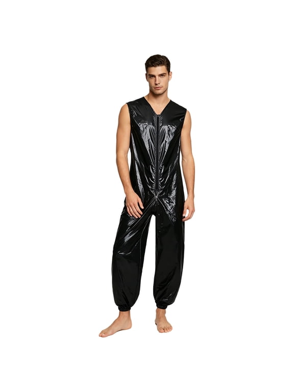 Men's Work Jumpsuits Sleeveless Zipper Front Waterproof Coveralls Mechanic Overalls Sauna Suit Black M